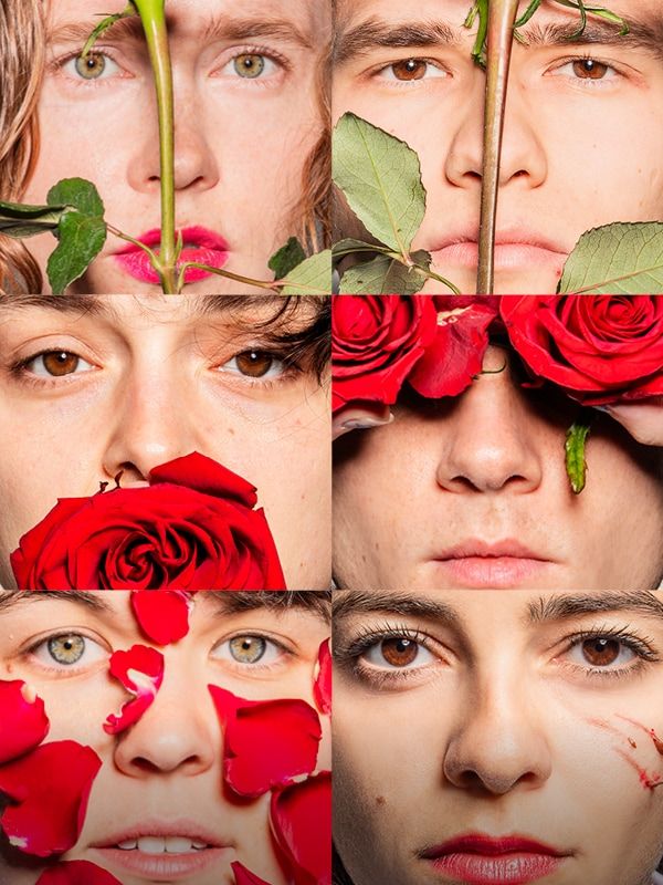 Amore; Schauspieler*innen der Hochschule für Schauspielkunst Ernst Busch fotografiert von Esra Rotthoff; Das Fotomotiv ist eine Collage aus drei Gesichtsportraits von sechs jungen Schauspieler*innen. Die einzelnen Motive sind in Quadraten neben- und untereinander angeordnet. Zu sehen sind Augen, Nase und Mundpartie der fotografierten Personen. Rosenblüten, Blätter und Stängel verdecken teilweise die Gesichter der Personen.