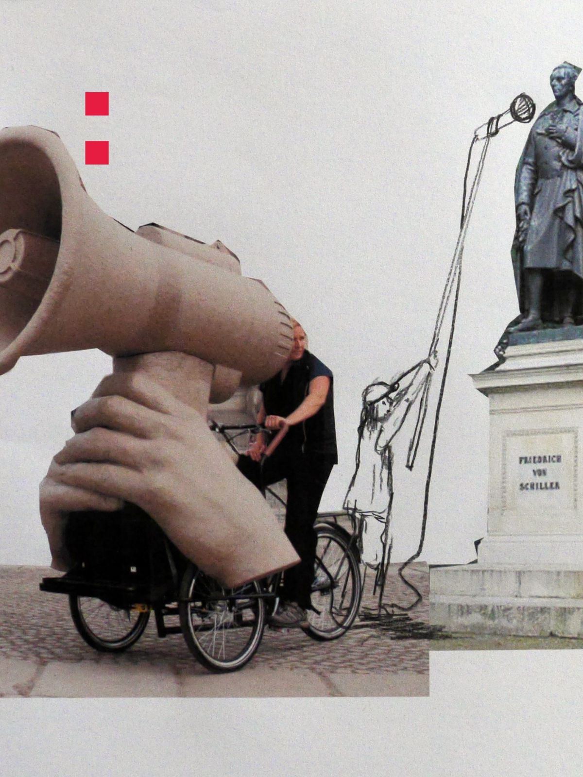 Collage aus einem Megaphon un einer gezeichneten Perosn, die ein Mikrofon vor eine Statue hält